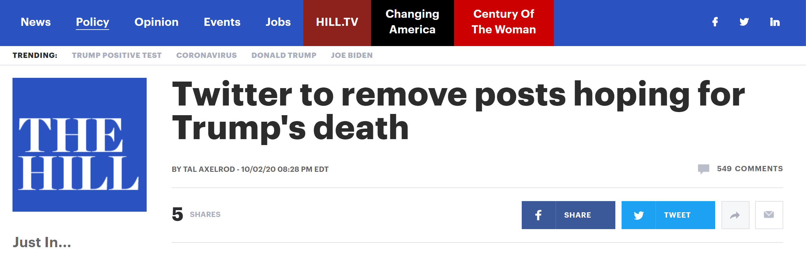 《国会山报》：推特将删除“希望特朗普死掉”的推文