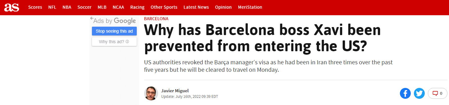 西班牙《阿斯报》报道截图