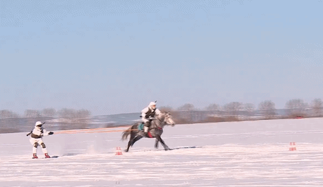 战马拖着俄军士兵在雪地上快速前行