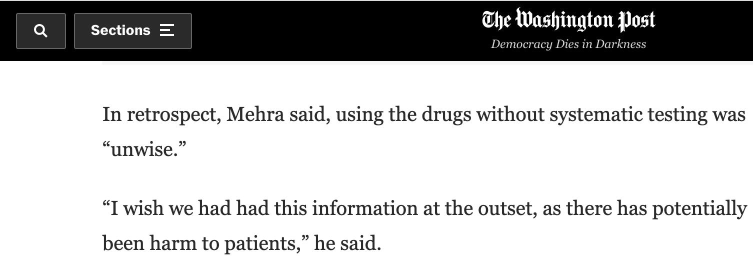 △《华盛顿邮报》采访中，主研究员梅赫拉认为，未经测试就使用氯喹是不明智的