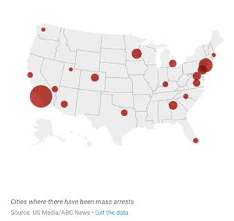 图中标记的城市已经发生大规模逮捕。