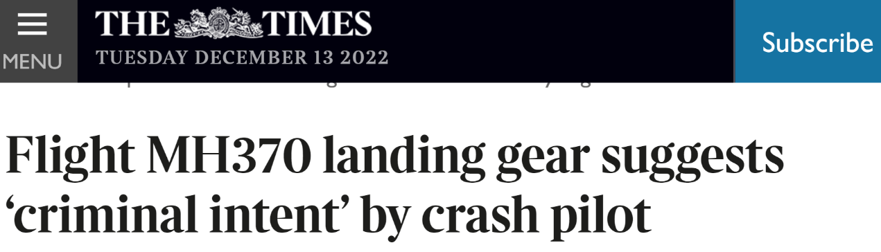 《泰晤士报》报道: MH370航班起落架舱门显示坠机时飞行员有“犯罪意图”