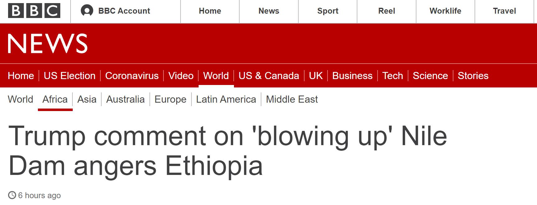 BBC：特朗普关于“炸毁”尼罗河大坝的言论激怒埃塞俄比亚