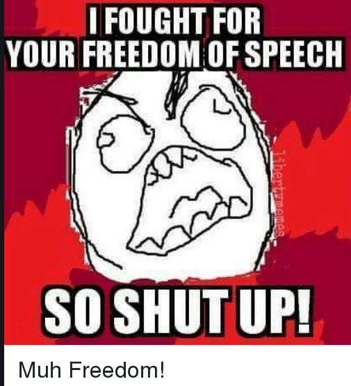 (图片来自网络,意思为:“我在为你争取言论自由,所以你快闭嘴吧!”)