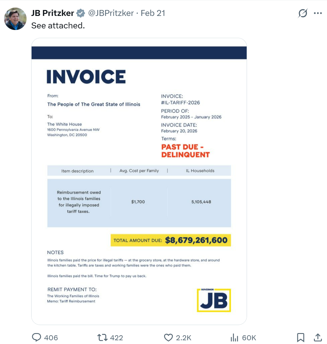 普里茨克在社交平台X上贴出的关税发票账单。图源:社交平台X