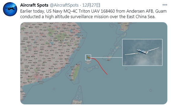 Aircraft Spots于12月27日公布的MQ-4C无人机在东海飞行路线