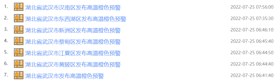 昨天（25日），武汉连发7条高温橙色预警。