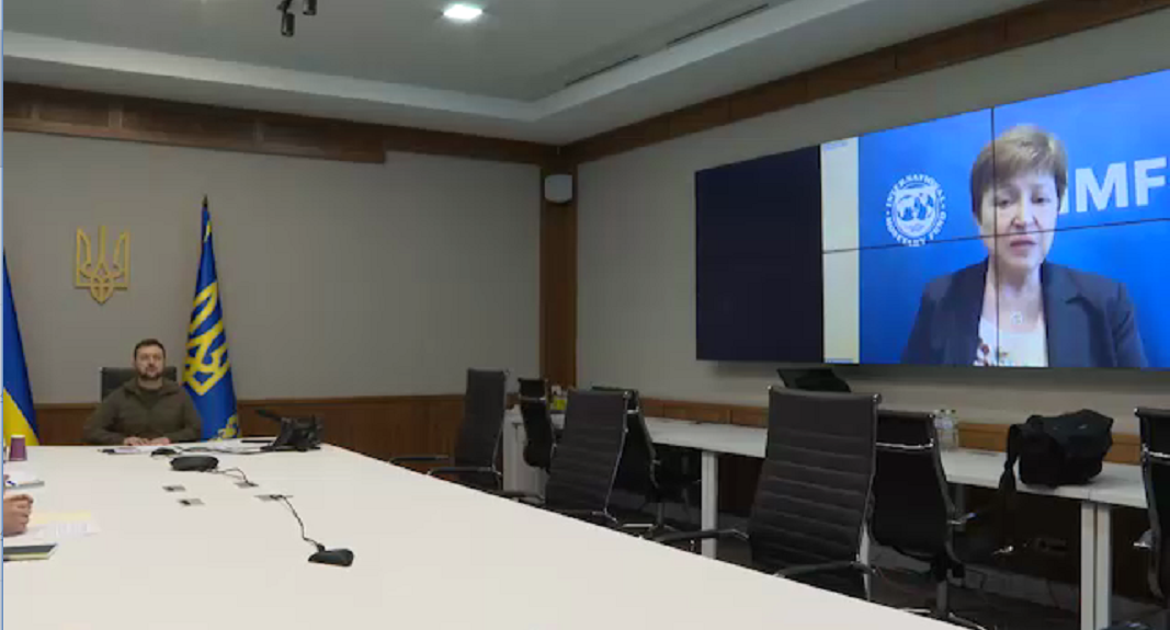 泽连斯基与格奥尔基耶娃举行视频会晤，图源：乌克兰总统办公室在Telegram所发布视频的截图