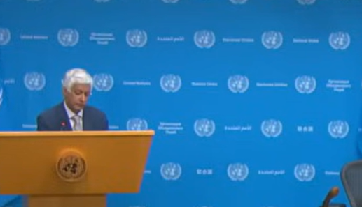 哈克当地时间21日在记者会上的画面 图源：联合国社交媒体账号视频截图