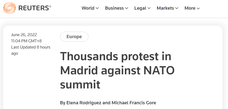 路透社：数千人在马德里抗议北约峰会