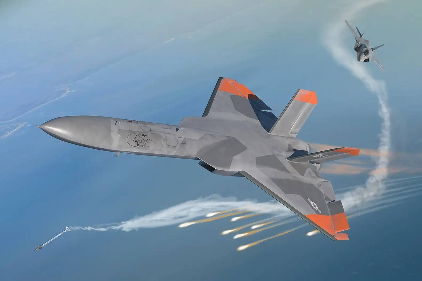 5GAT无人机发射干扰弹躲避F-35导弹攻击想象图  图源：美国“动力”网站