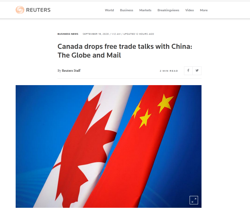 路透社：《环球邮报》：加拿大放弃与中国的自由贸易谈判