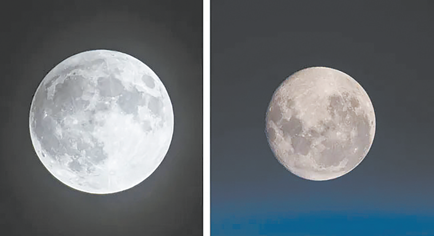 北半球看到的满月（左），其月面特征与南半球看到的满月（右）恰好调转了180度。