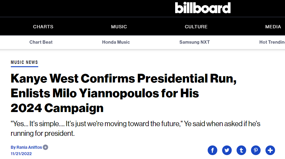 美国音乐平台公告牌(Billboard)网站报道截图