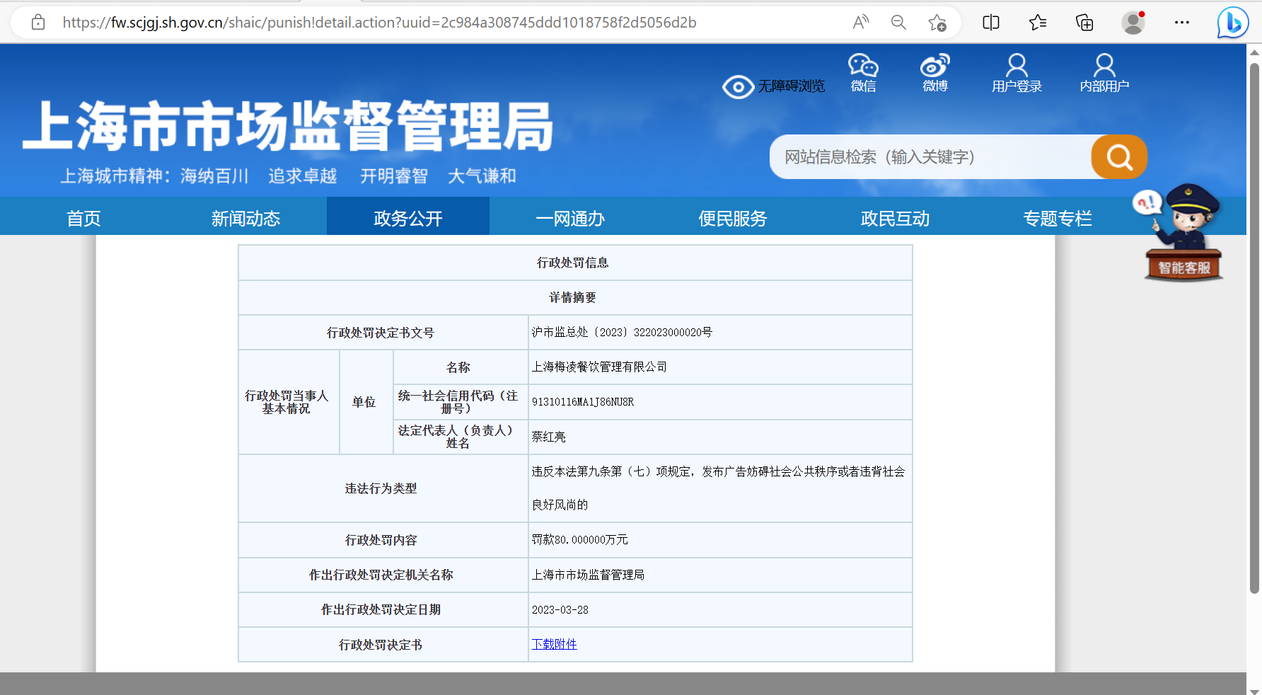自嗨锅商家被罚80万元（央广网发 图片来源于上海市市场监督管理局官网截图）