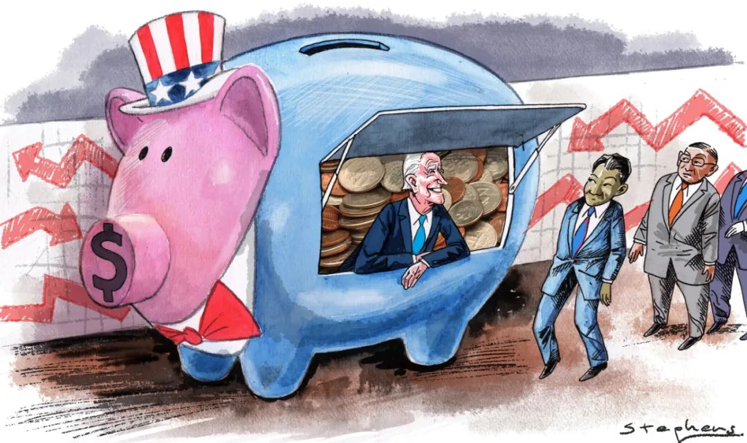 ▲ &ldquo;印太经济框架&rdquo;本质是薅亚洲国家的羊毛，为美国霸权续命。（漫画 | Craig Stephens）