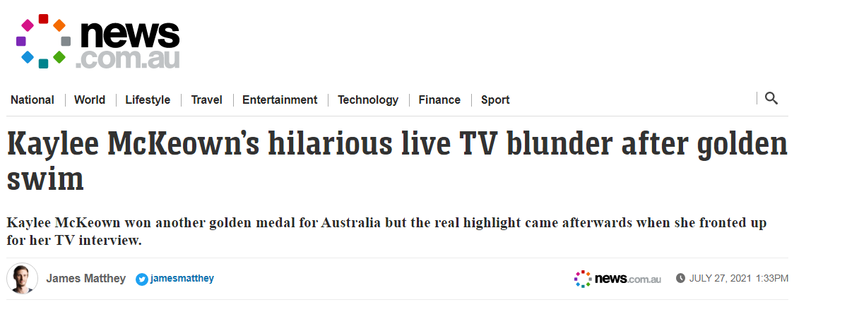 澳大利亚新闻网：凯莉·麦基翁游泳摘金后在电视直播中滑稽失误