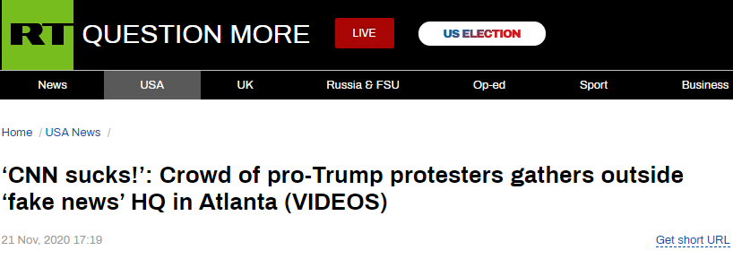 （RT：“CNN烂透了！”特朗普支持者聚集在位于亚特兰大的CNN总部外举行抗议活动）