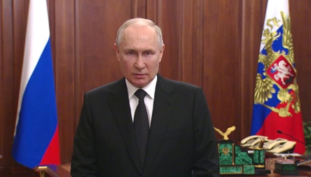 6月24日，俄罗斯总统普京发表电视讲话（视频截图）。新华社发
