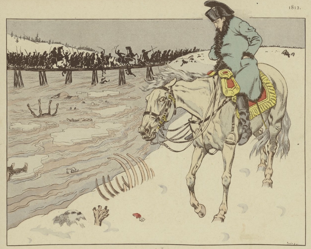 这幅19世纪的绘画作品描绘了拿破仑从莫斯科撤退时，回首看大军过别列津纳河的场景。（法新社）